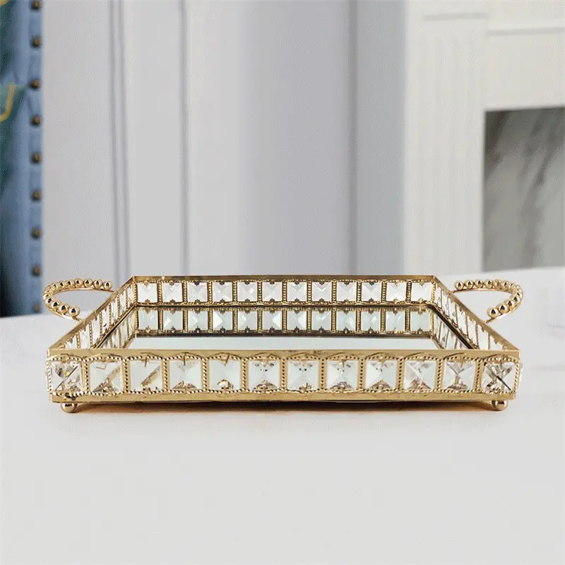 Nampan Kaca Kristal Gold Gagang Diamond Europe Gold Tray / Pajangan Nampan / Dekorasi Home Decoration Kitchenware 5