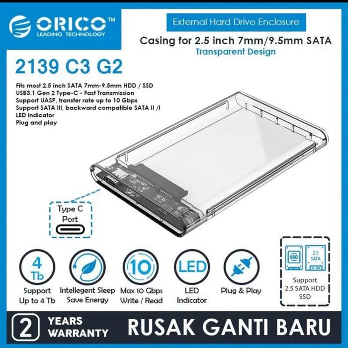 Gambar Orico 2139C3 G2 CR Enclosure Case Casing for SATA HDD Hard Drive SSD 2.5 inch 2.5” Type C , Max 10 Gbps write / read , Orico 2139 C3 G2 dari Click & Go Tokopedia Kota Bandung Tokopedia