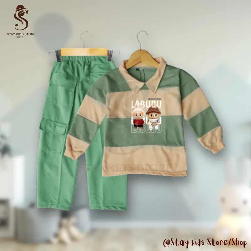 Stelan Anak Perempuan labubu viral 2025| Baju anak kekinian 3-12 tahun | kaos salur berkerah lengan panjang, Celana Motif Kargo crop one set | Pakaian lucu motif bergaris fasionable, santai dan nyaman, otfit labubu celana cargo modis | Fashion anak trendy 7
