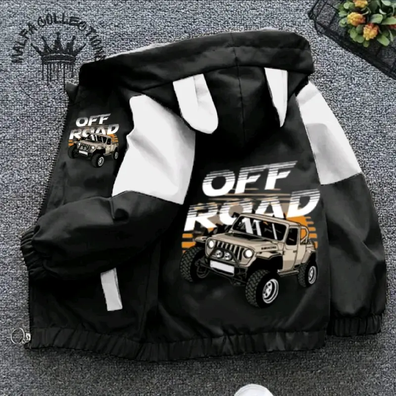 jaket anak kombinasi waterfroop premium berkualitas tinggi cocok buat anak laki" yang bergambar mobil off Road sang peredator jalanan hutan 0