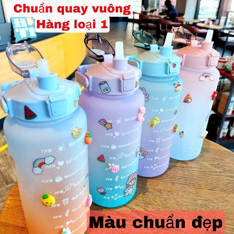 Bình Nước 2L Nhựa Cao Cấp, Có Ống Hút và Vạch Chia Nhắc Giờ dành cho người lười uống nước [Tặng Sticker]