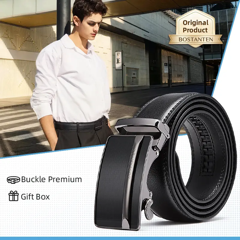 BOSTANTEN Edge Belt Sabuk Pinggang Gesper Otomatis Dapat Disesuaikan Kulit Sapi Asli