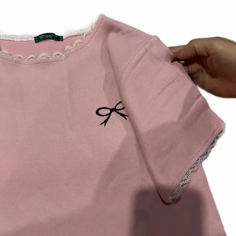 Mở Bán áo thun kiểu dáng fom ôm babytee cổ tay phối ren nơ thêu trước ngực cực điểm nhất hót trend 2