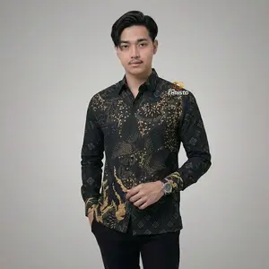 Kemeja Batik Slimfit Lapis Furing Premium 0241 Batik Christo Kain Katun Kemeja Hitam Lengan Panjang Pria Baju Motif Printing Nyaman Tangan