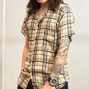 NRKY Kemeja full print pria  motif kotak kotak garis bahan rayon adem nyaman Pendek Korean regular