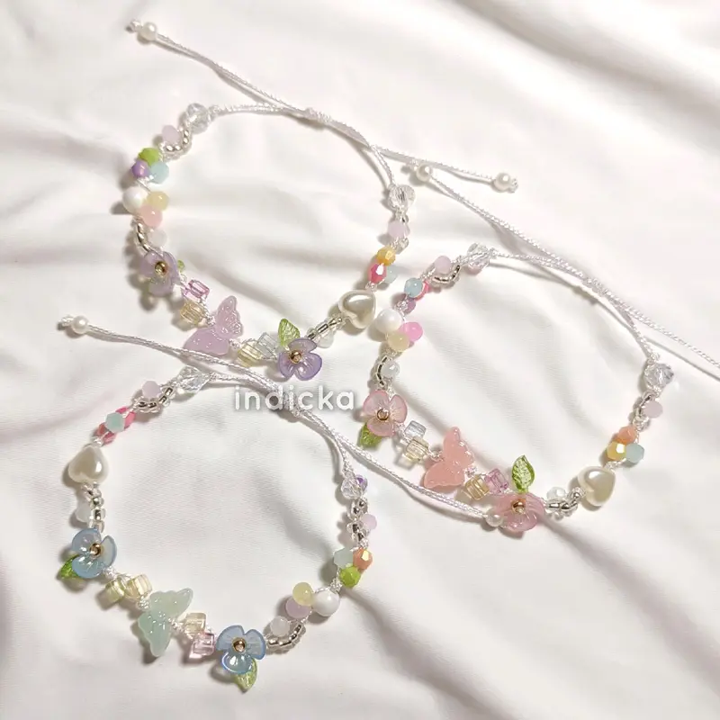 Gelang Manik Kupu "Butterfly Era" Tali Serut Beads Bracelet Bead Bracelets Shine String Aesthetic Cottagecore Flower Blooming Floral Fairy untuk Cewek Cewe Wanita Perempuan Anak Remaja Dewasa Couple Bestie Kado Pacar Gift Plastik Kristal Bunga Women 1