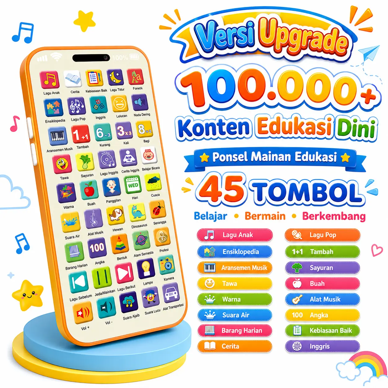 Mainan Edukasi Anak Mainan musik anak-anak ini berupa telepon mainan edukatif berwarna oranye memiliki 45 tombol lampu indikator dan konten audio yang kaya Cocok untuk anak usia 1-6 tahun mainan ini juga bisa digunakan sebagai telepon mainan bayi