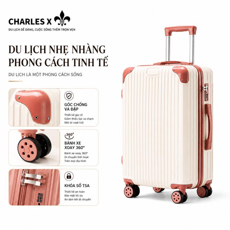 Vali Kéo Charles X 20/24/26/28 Inch – Bánh Xe Xoay 360 Độ Siêu Êm, Hành Lý Du Lịch Cao Cấp