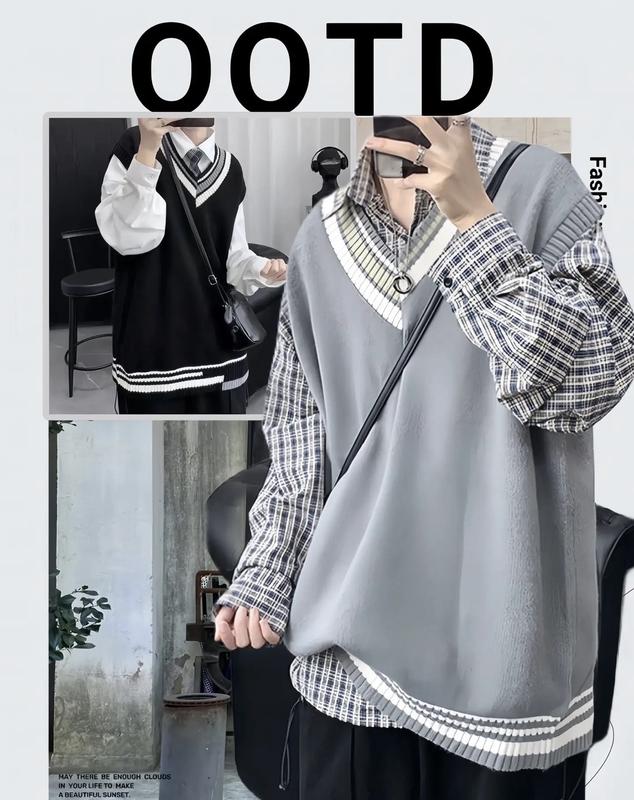 Áo gile len nam nữ trắng đen xám sọc viền Hàn Quốc unisex form rộng khoác ulzzang mới 2023 đồng phục PREPPY gilet 5