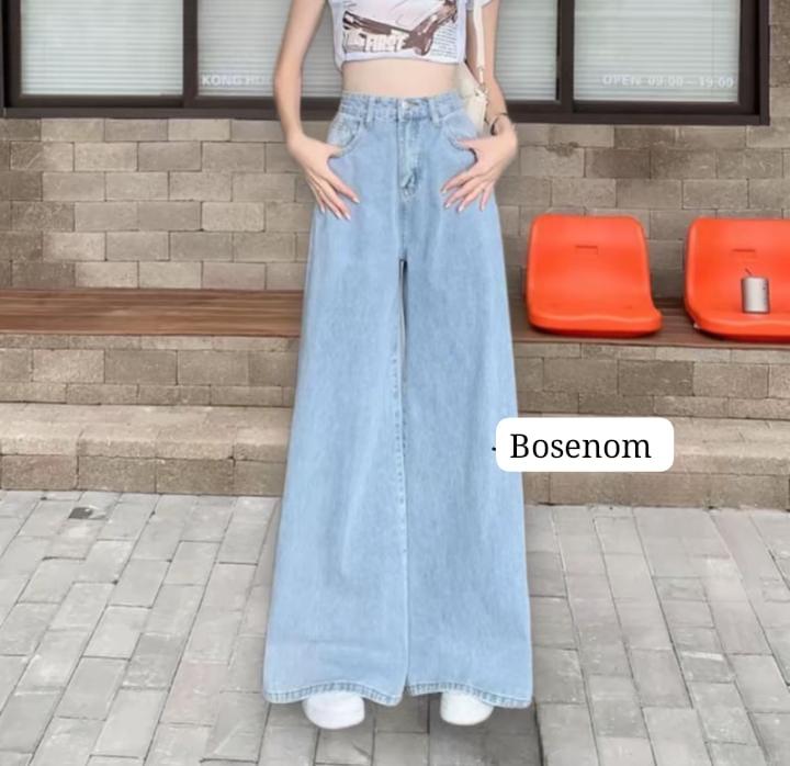 BOSENOM- Celana kulot jeans wanita HighWaist wide leg kantong depan jins Panjang Cewek 1