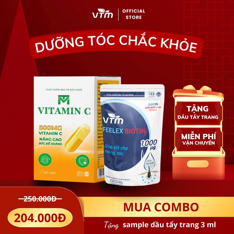 Combo Viên Uống VTM Vitamin C Và VTM Feelex Biotin Giúp Tóc Chắc Khỏe, Hỗ Trợ Sáng Da