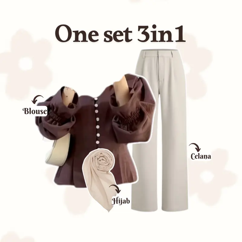 one set 3in1 Korean Style ( Blouse Lengan Balon + Celana Ivory + Tas Bahu + Hijab aesthetic DM053N Basic Fit Katun Muslim Panjang Setelan Wanita Baju Casual Kerja 2