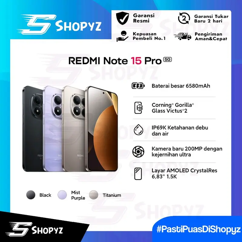 Xiaomi Redmi Note 15 Pro 5G 8/256GB - 12/512GB | AMOLED 6.83” 1.5K | 200MP Camera | 6580mAh | IP69K | Garansi Resmi