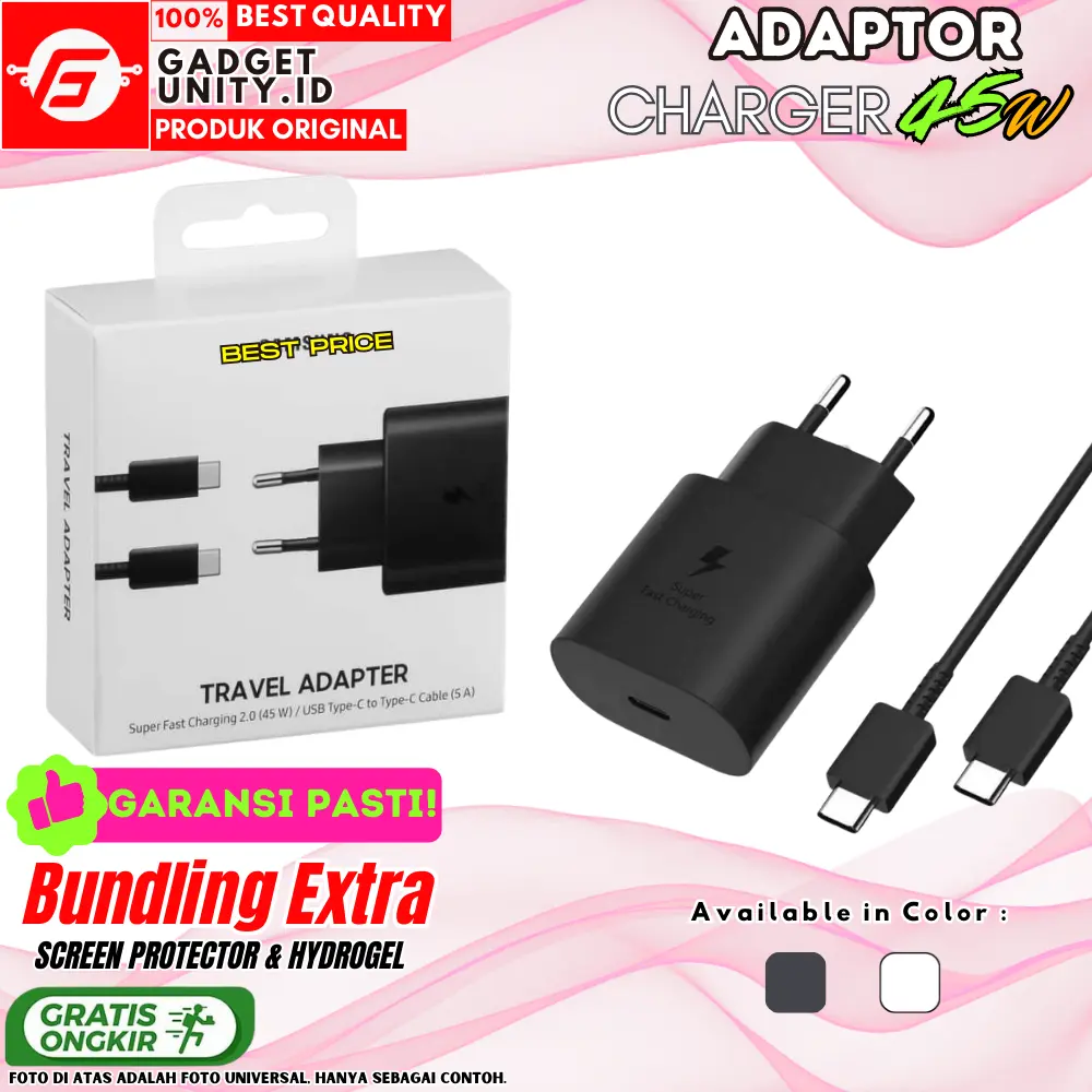 Adaptor Charger Fast Charging Original 45w Usb C to C untuk Tab Note 20 Note 10 A52 A55 S21