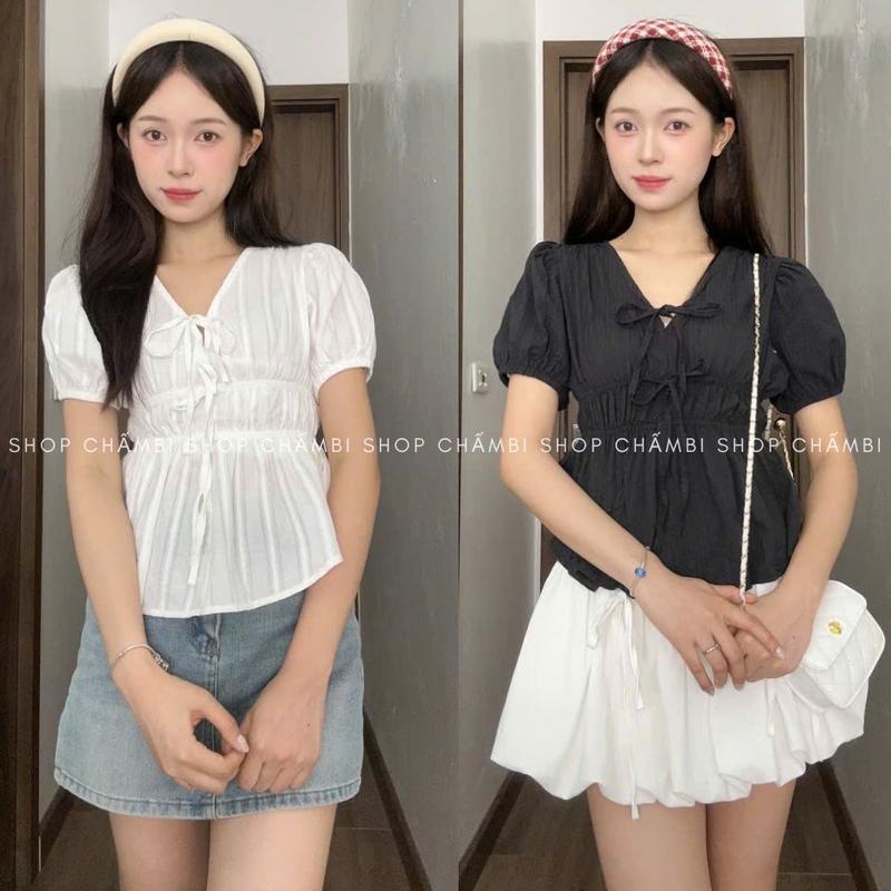 XẢ HÀNG Áo kiểu nữ A.742 Áo sơ mi cổ V buộc nơ cộc tay dáng ngắn phối chun nhún eo dễ phối đồ - Shop Chấm Bi