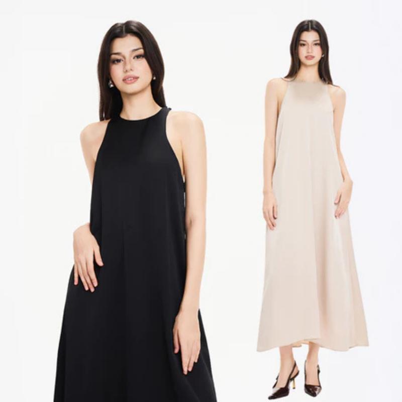 RECHIC Đầm lụa dài Lyon cổ yếm dáng suông nữ tính nhẹ nhàng