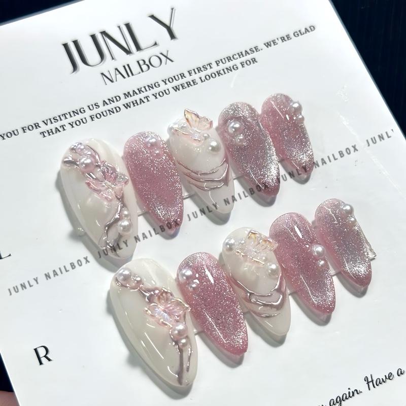 Mã 262 JUNLY Nailbox Thiết Kế Thủ Công Tráng Gương Ánh Hồng Xinh Xắn - Bộ Kit 10 Nail, Keo Mini, Dán Nail Chuyên Dụng - Women
