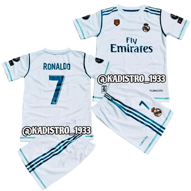 Setelan Jersey Anak realmadrid Home Ronaldo Musim 2017 2018 Full Printing Bahan Drifit Milano Celana Outdoor Sport Twill Cepat Kering 0