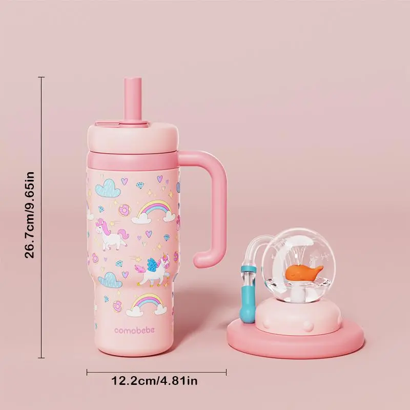 【COMOBEBE】24oz Stainless Steel Whale Fountain Tumbler with Handle – Two Lids, Spill-Proof, Dishwasher Safe, Cute & Perfect for Kids, Teens, and Adults 8