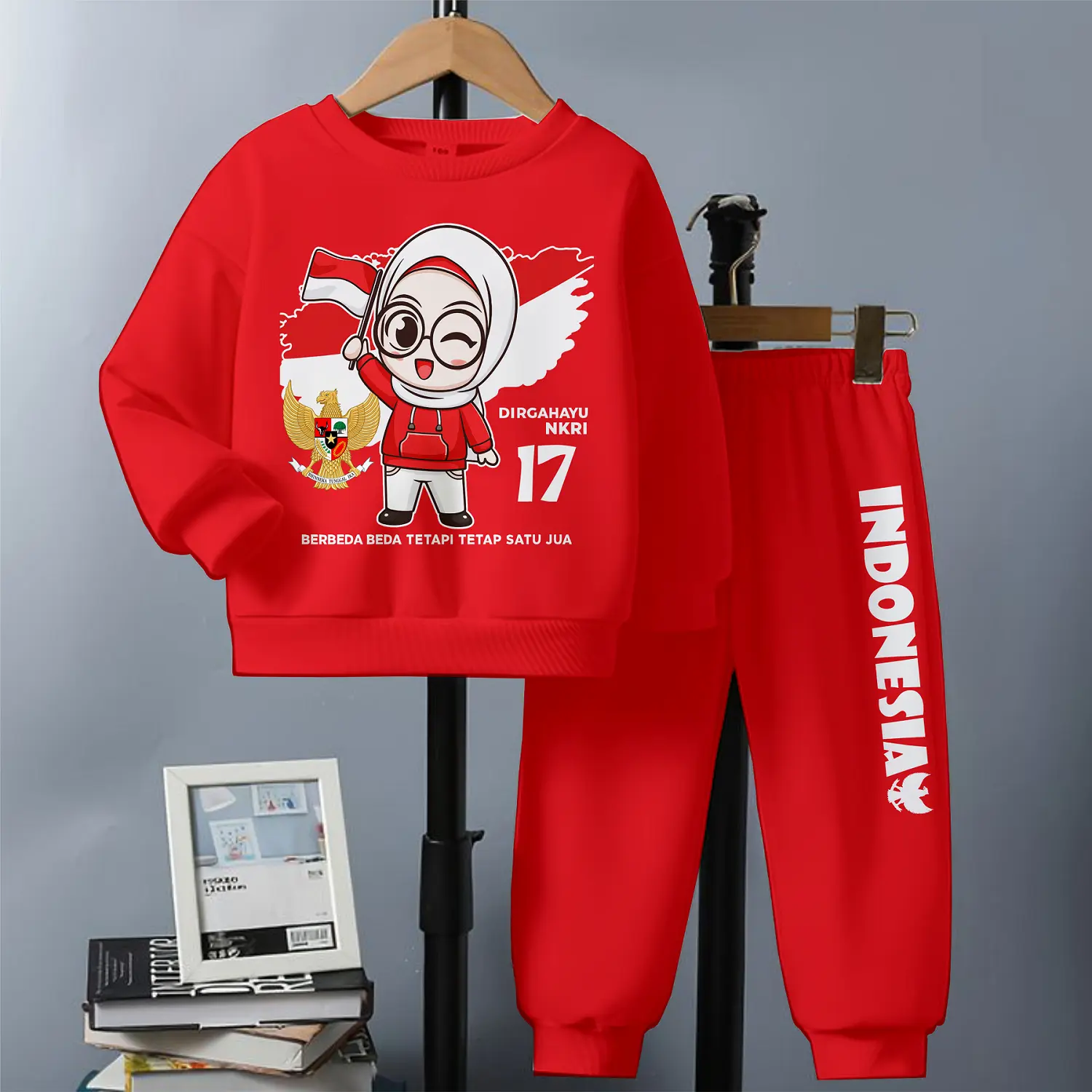 Luwi Kids Setelan Anak Cowo Cewe Jogger St Training Tema Dirgahayu Kemerdekaan HUT RI 17 Agustus Gambar Cewe Pancasila Baju Celana setelan  anak  perempuan  merah  putih