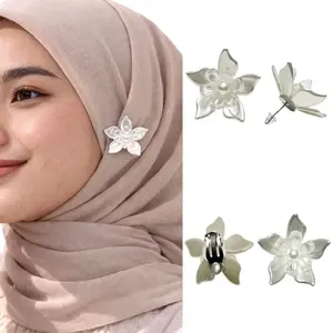Voria Bloom Flower Clip Stud Earrings Anting Jepit Tusuk Klip Hijab Friendly Bunga Kelopak Lily Pearl Mutiara