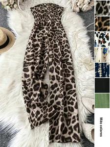 Mono de pierna ancha con estampado de leopardo y fruncido para mujer, mono tipo tubo sin mangas casual para vacaciones, ropa para damas para todas las estaciones