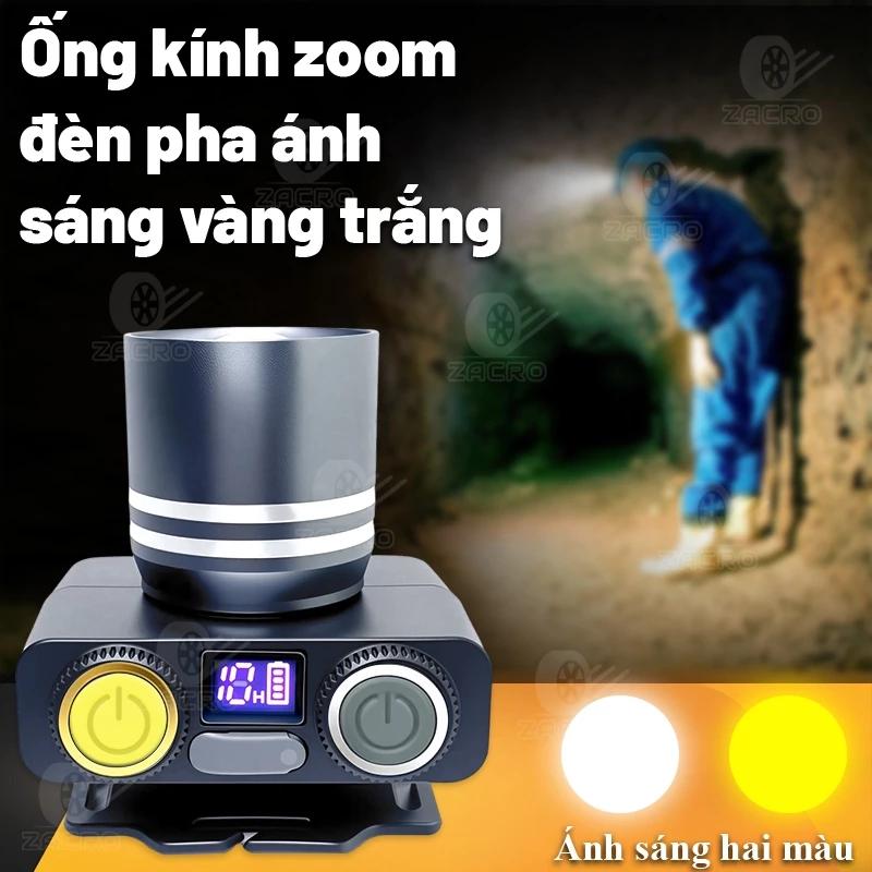 Đèn Đầu Siêu Sáng T423 ZACRO Ánh Sáng Trắng/Vàng 2 Pin Li-Ion - Tặng kèm cục sạc + dây đeo đèn pha