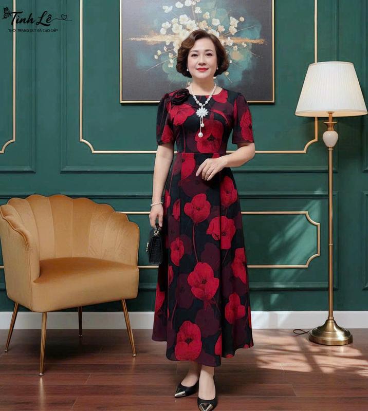 MÃ 875 ĐẦM LỤA CỔ TRÒN ĐẮP CHÉO KẾT HOA DÁNG DÀI DRESS WOMEN Nữ