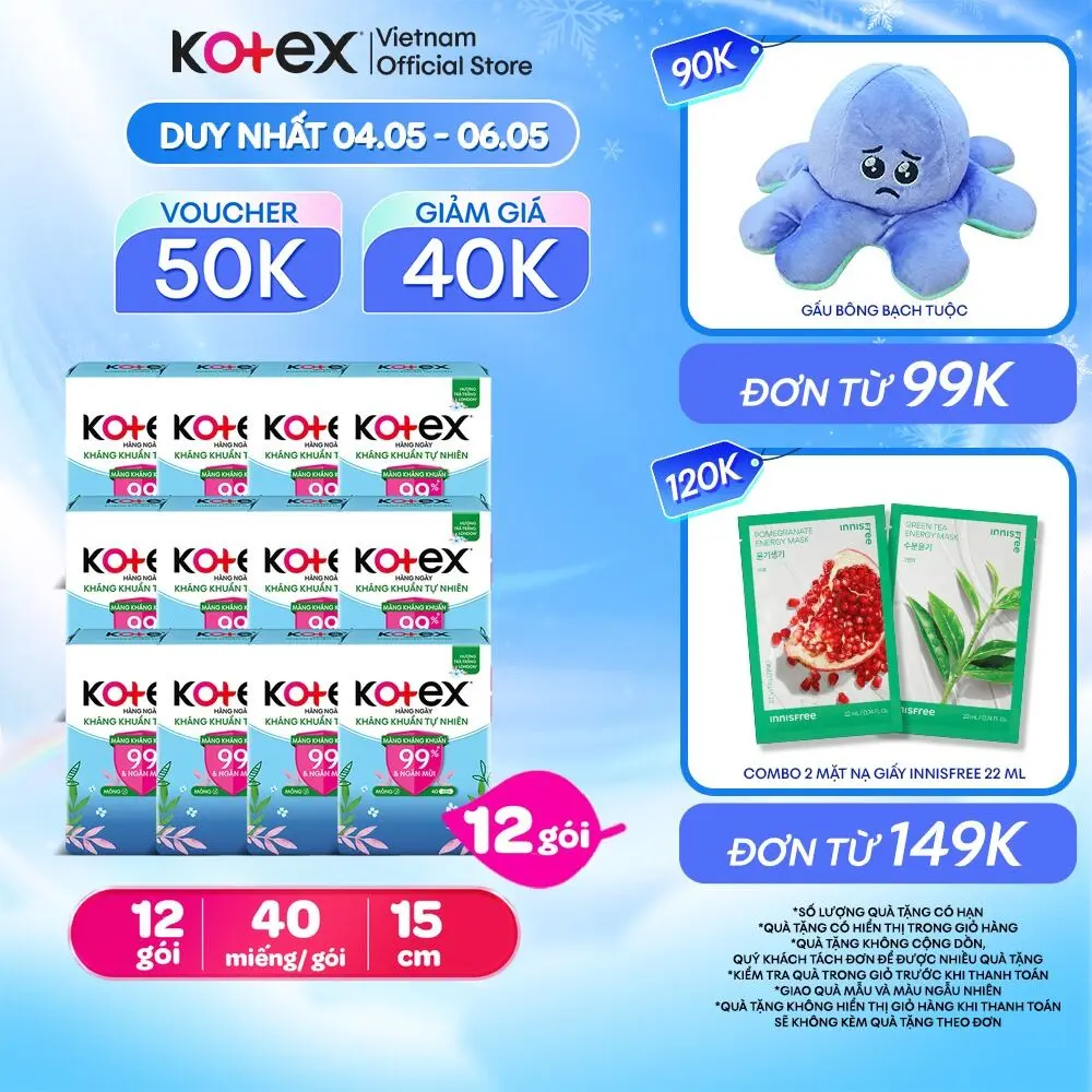 Combo 4/Combo 12 Băng vệ sinh Kotex Hàng Ngày Hỗ Trợ Kháng Khuẩn Tự Nhiên 40 miếng/gói