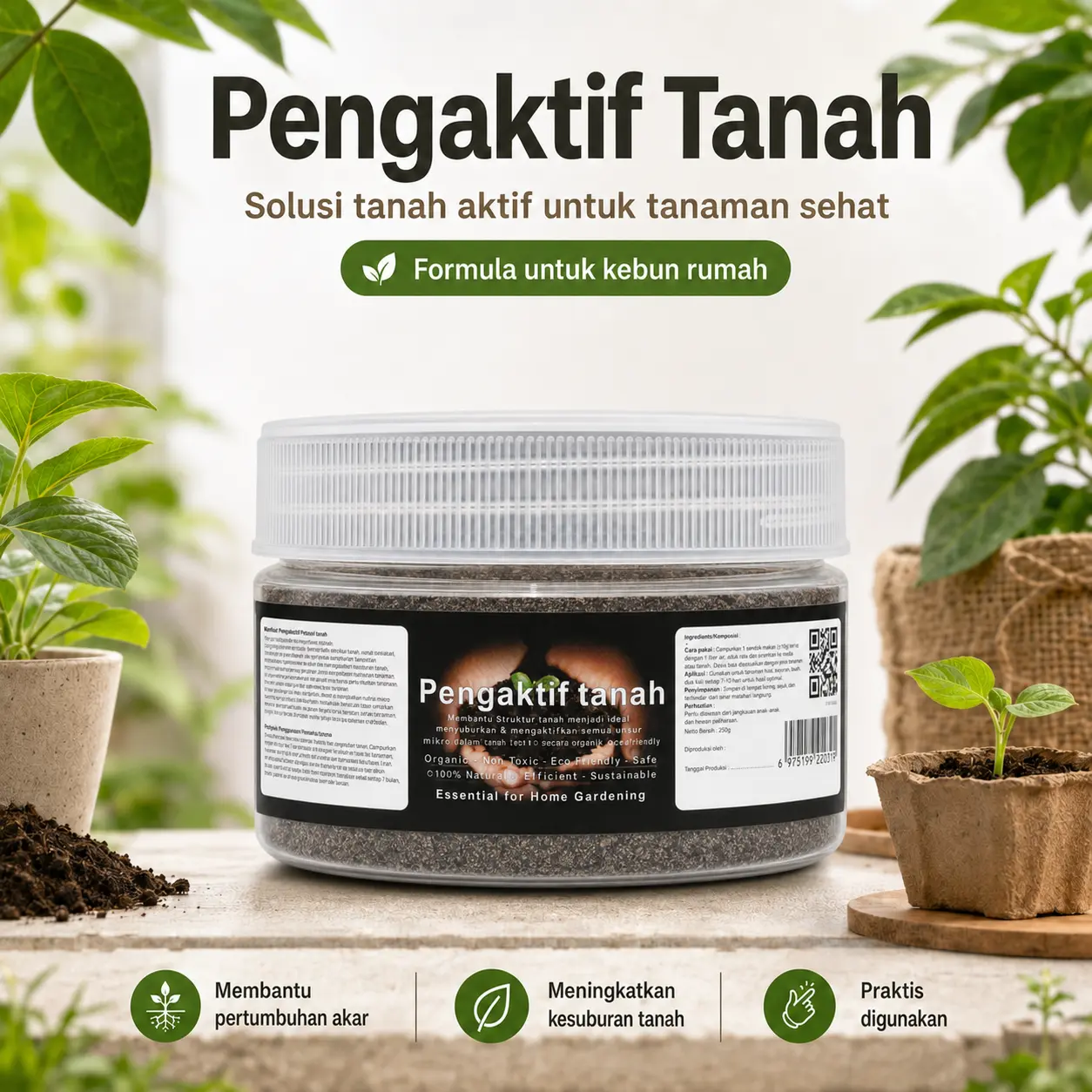【Kemasan Baru 250g】 Pengaktif Tanah & Pupuk Mikroba Serbaguna — Bantu Perbaiki Tanah, Menguatkan Akar, Bikin Bunga dan Buah Lebih Subur, Cocok untuk Tanaman Hias, Bunga, Sayuran, dan Pohon Buah