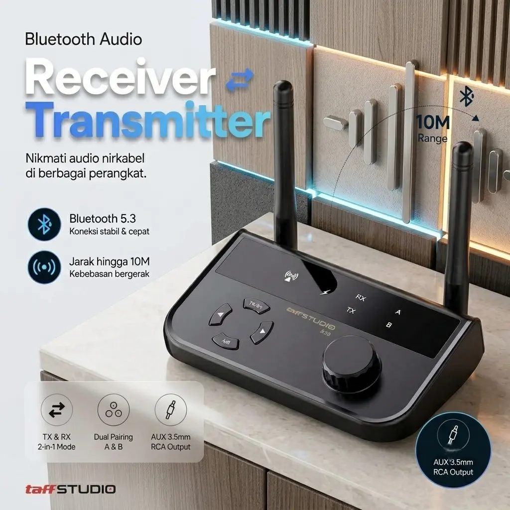 Bluetooth Adaptor Audio Receiver Transmitter Wireless 10M B39 dengan Koneksi Bluetooth 5.3 Stabil dan Jarak Jangkau Luas hingga 10 M Mode Plug and Play Praktis untuk Perangkat Audio dan Video