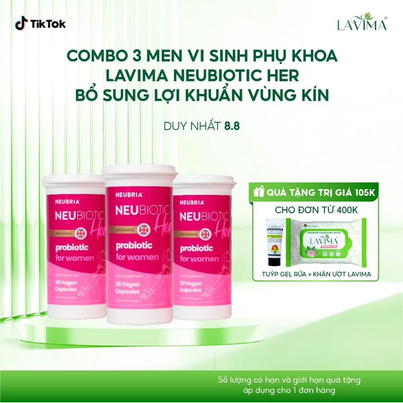 [CHỈ TRONG LIVESTREAM] Combo 3 Men Vi Sinh Phụ Khoa Lavima Neubiotic Her Bổ Sung Lợi Khuẩn Vùng Kín Thực Phẩm Hỗ Trợ Sức Khỏe Cho Phụ Nữ Hộp 30 Viên