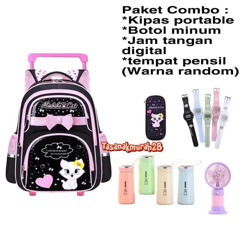 Tas ransel anak sekolah tas koper anak tas troli dorong anak motif kucing tas anak lucu tas sekolah PAUD TK SD 1