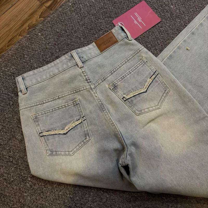 Quần jeans nữ ống suông vải Qc phối rách sau túi Q1906