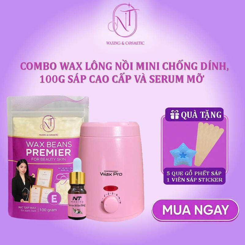 Combo Wax Lông 100gr Sáp Premier 01 Nồi Mini Chống Dính Và 10ml Serum Mỡ Tặng Sáp Sticker Và Que Waxing