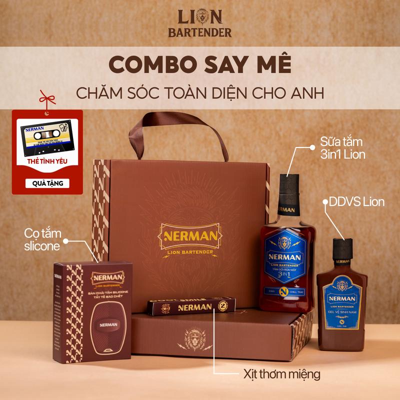 [QUÀ CHO ANH] Combo say mê Nerman - Sữa tắm Lion Bartender 330g & DDVS Lion Bartender 100g & Xịt miệng & Cọ tắm