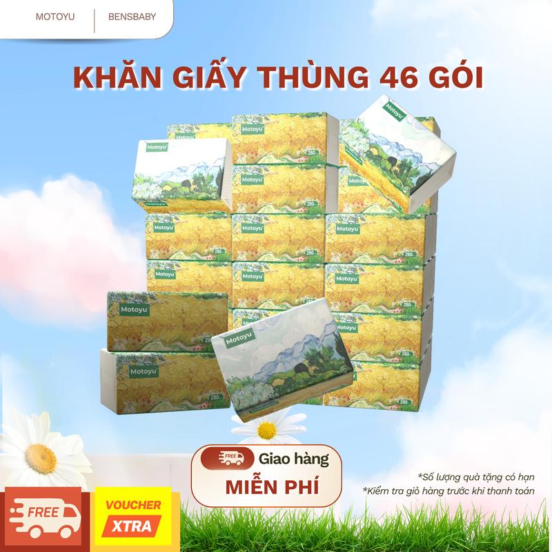   MOTOYU   THÙNG 46 GÓI Khăn Giấy Đa Năng 4 Lớp Mềm Mịn MOTOYU - Bột Gỗ Nguyên Chất - 280 Tờ Gói - An Toàn Cho Da - Giấy Ăn Khăn Ướt 