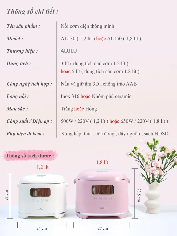 Nồi cơm điện lòng inox ALULU, Dung tích nấu cơm 1.2L / 1.8L, Bảo hành 12 tháng 1