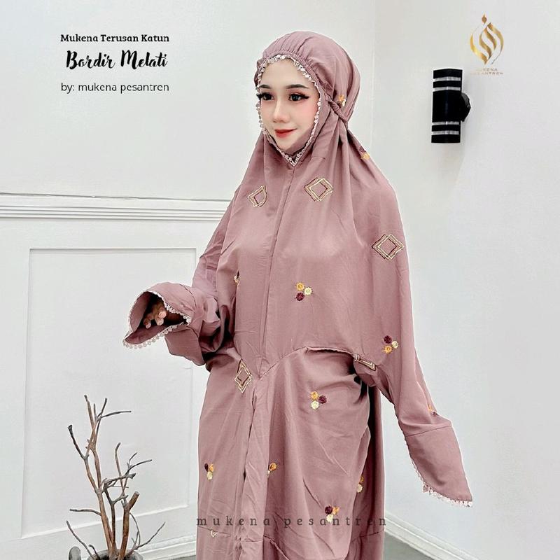 Mukena Terusan Bordir Tabur Motif Melati Katun Mikro Cantik Dewasa Kain Nyaman Panjang Tebal mukena  tangan langsungan 2