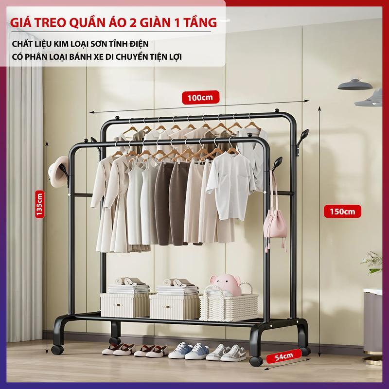 Giá Treo Quần Áo 2 Giàn Treo 1 Tầng DLS Kệ Treo Quần Áo Có Bánh Xe Kệ Để Đồ Bằng Sắt Sơn Tĩnh Điện Kệ Treo Quần Áo Lắp Ráp Tiện Lợi Đơn Giản