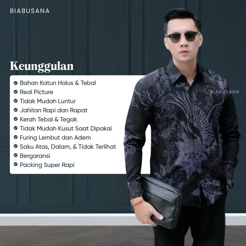 MELEWIS HITAM Kemeja Batik Pria Lengan Panjang Warna Hitam Full Furing Katun Slimfit 3