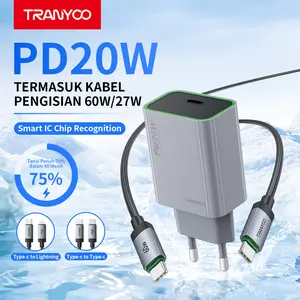 TRANYOO EU7 PD20W Set Adaptor Daya Charger 20W Kabel Logam Anyaman 1M Type-C ke Lightning Cocok untuk iPhone Samsung Xiaomi Poco Redmi OPPO Vivo Realme Huawei Honor