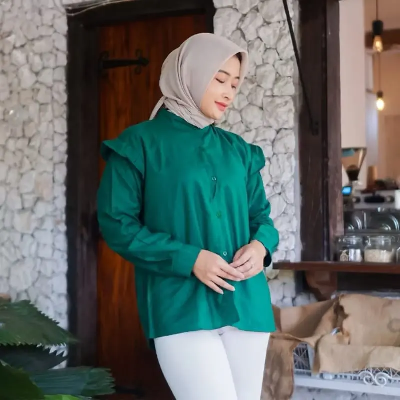 Yurim Blouse Ruffle - Atasan Wanita - Kemeja Linen Basic Lengan Panjang/blouse kemeja linen lengan Balon 4