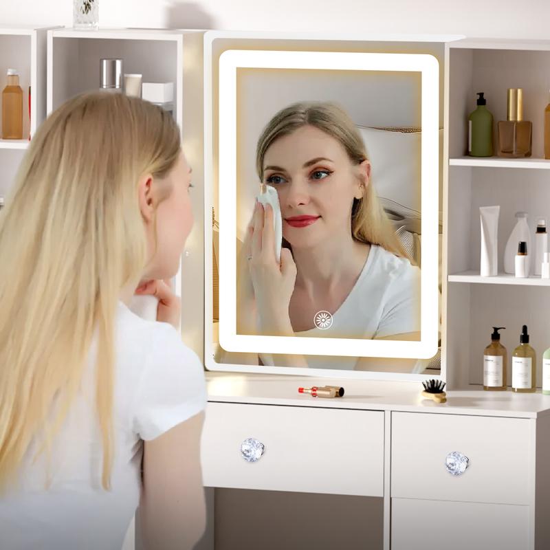 Modern White Dressing Table 3 Drawers Vanity Makeup Desk with Smart LED Mirror & Stool White 3