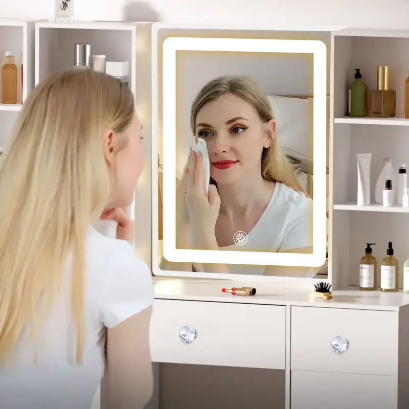 Modern White Dressing Table 3 Drawers Vanity Makeup Desk with Smart LED Mirror & Stool White 3