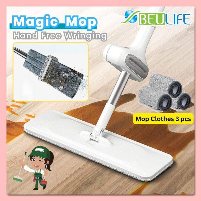 BEULIFE Hand Free Self-Wringing Magic Flat Mop with Micro Fiber ...