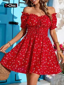 Vestido de mujer con estampado floral y hombros descubiertos, elegante y casual, vestido corto para uso diario y al aire libre, vestido de mujer para el verano