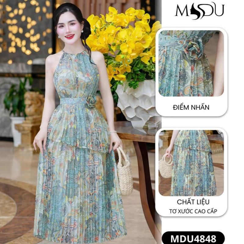 MIỄN SHIP MDU4848 Váy Tơ Xước Cao Cấp – Bay Bổng Với Cổ Yếm Gợi Cảm Và Dập Ly Quạt 2 Tầng Dành Cho Nữ