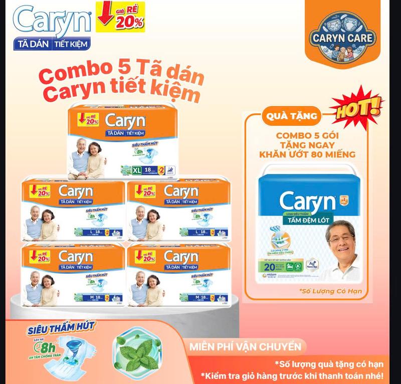 (Tặng 1 lót 20) Combo 5 gói Tã dán Caryn tiết kiệm M18/ L18/ XL18 miếng / Combo 6 lót caryn 20 miếng tặng 1 lót tiết kiệm