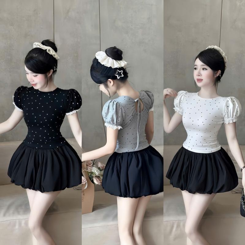  Set Áo Thun Tăm Chấm Bi Tay Phồng Viền Ren Cột Dây Nơ Sau Lưng Phối Với Chân Váy Bí Phồng Chất Cotton Có Quàn Lót Trong Trẻ Trung Duyên Dáng  Thíc Hợp Cho Nữ Mặc Đi Chơi 